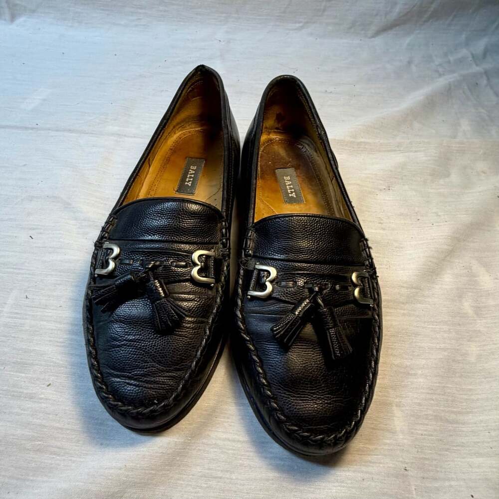 Bally Black Pebbled Leather Tassel Bit Loafers Shoes